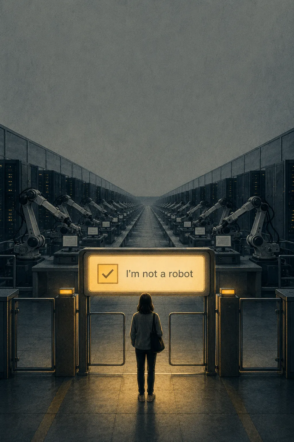 Subject: A single ordinary human figure, seen from behind, small and plainly dressed, pausing at an illuminated checkpoint gate. The gate's sign is an oversized "✓ I'm not a robot" CAPTCHA checkbox rendered at architectural scale, glowing. Setting: A long institutional corridor that's part border-control turnstile, part server room — clean, cool, unpeopled. Beyond the gate, in shadow, orderly rows of identical robotic arms and automated terminals work unattended and unchecked, receding into the distance. Composition: Centered one-point perspective looking straight down the corridor; the lone human and the checkbox gate anchored in the lower foreground, the automated hall vanishing behind them. Generous clean negative space across the upper third for a headline. Reads clearly at thumbnail size — one focal metaphor, high figure-to-ground contrast, no clutter, no visible face. Mood: Quiet, forensic, faintly ironic — unsettled rather than alarmed. Palette: Muted editorial — desaturated slate grays and cool blues for the machine hall, with a single warm amber/signal-yellow accent confined to the CAPTCHA checkbox and the gate light. Visual style: Limited-palette conceptual editorial illustration in the register of an Economist or MIT Tech Review feature — flat forms with fine grain and texture, restrained, deliberate, not photoreal, not stock. Dana's cover: a lone figure at a glowing CAPTCHA checkpoint gate, automated machinery working unchecked beyond it