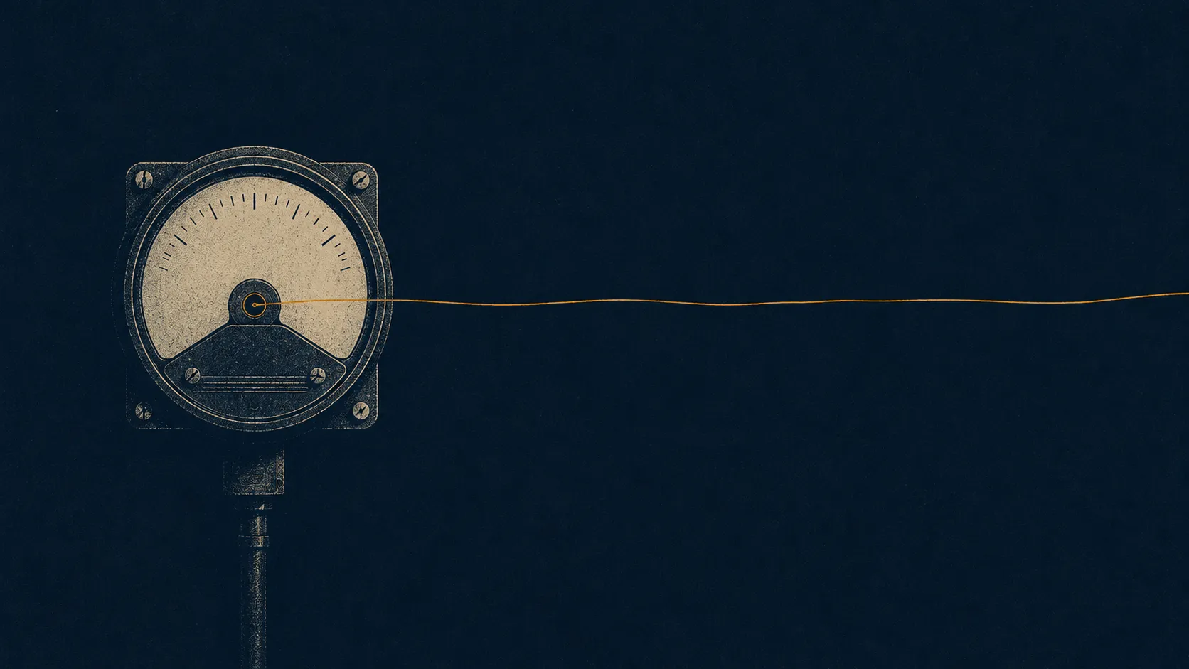 Editorial conceptual illustration, riso screenprint aesthetic, wide composition. An antique analog utility meter, drawn flat in mid-century technical-manual style, mounted alone on a vast deep navy field. From its dial, instead of a needle, a single thin warm amber thread emerges and unspools across the negative space to the right edge, drawn like a line of thought. Small faint tick marks around the dial, muted paper-white details, subtle film grain, enormous empty space. Palette strictly deep navy, warm amber, paper off-white. No text, no numbers, no letters, no typography. An antique analog utility meter drawn in mid-century technical-manual style, mounted alone on a vast navy field; from its dial a single thin amber thread unspools across the empty space to the right edge.
