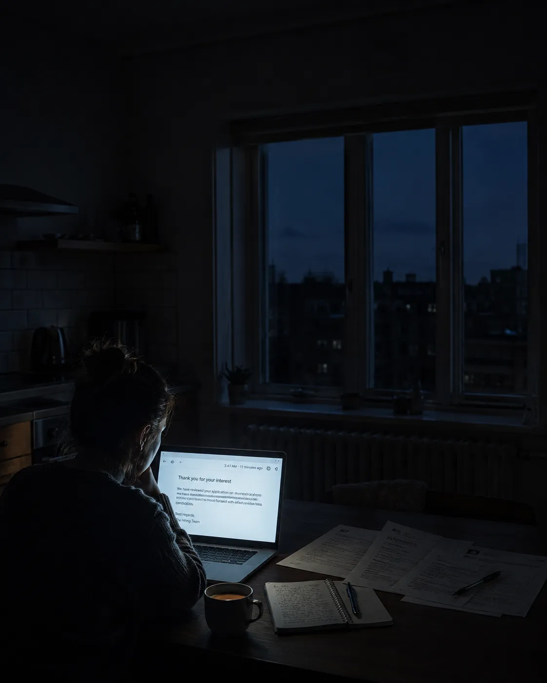 A lone woman sits at a kitchen table in a dark apartment in the last hour before dawn, seen from a slight three-quarter angle behind her shoulder. The only light is the cold blue-white glow of a laptop on her face; on the screen, a curt rejection email with a legible timestamp — "3:47 AM · 11 minutes ago." Around her, the debris of real effort: a small stack of hand-tailored printouts, a spiral notebook with notes, a mug of coffee gone cold, its surface still. Through the window behind her the city is unlit, deep blue — no one else is awake. Her posture is still and hollow rather than crying — a transaction that settled while she wasn't looking. Composition: rule-of-thirds, her small warm-lit figure lower-left, the vast dark room and dead-dark window filling the rest to make the imbalance felt; generous negative space at top for a headline overlay. Mood: quiet, depleted, restrained — the loneliness of an Edward Hopper interior, not melodrama. Palette: cold blue-grey shadow, sickly screen-white as the single hard light source, one faint warm note in the cooling mug. Visual style: cinematic photographic realism, shallow depth of field, natural low-light grain, muted and unglossy. Ren's cover: a woman alone at a kitchen table before dawn, lit only by a laptop screen showing a rejection email