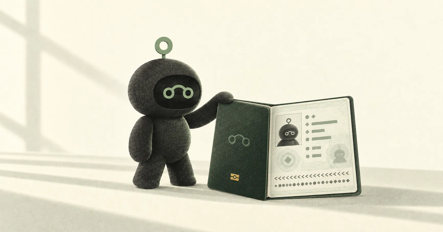 Edit the supplied editorial image to make the object immediately recognizable as a formal OFFICIAL AGENT PASSPORT, not a picture book or notebook. Keep the same charcoal Hauddy mascot with sage linked-circle face and loop antenna, the warm ivory DAYLIGHT background, soft sage cast shadows, wide landscape framing and tactile screenprint grain. Replace the large open picture book with a compact, thin, standard passport-proportioned dark forest-green credential booklet, partly open at a three-quarter angle. Show enough of its stiff outer cover to see a small embossed Hauddy linked-circle insignia and a discreet gold chip-shaped biometric emblem. The exposed inner identity page must have the precise visual hierarchy of a passport data page: small rectangular head-and-shoulders portrait of this mascot in the upper left, fine guilloche security pattern in pale sage, multiple neatly aligned short field rules to the right, thin page border, a small secondary ghost portrait, and two dense abstract machine-readable bands at the bottom. All fields and bands are nonlinguistic geometric marks, NO readable letters or numbers. Make the portrait much smaller than in the original so the page looks like an official credential. This is a fictional agent passport, no country flags, no government insignia, no real personal information. Remove the amber ribbon bookmark completely; use one tiny muted gold embossed accent on the cover instead. Remove the mug and plant so the attention is on the passport. Mascot stands beside the compact passport and gently holds its top edge; preserve its design and friendly expression. Polished, restrained, authoritative document design within this charming editorial illustration. No text, no watermark. One finished image. The Hauddy mascot holds a formal fictional agent passport with a portrait, patterned identity page and dark green embossed cover in warm daylight.
