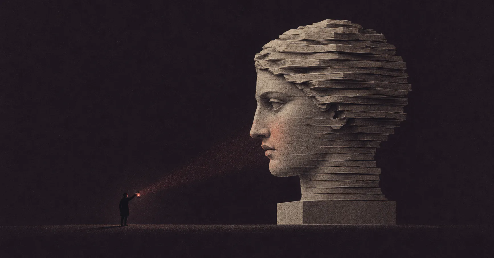 Use case: stylized-concept. Asset type: original editorial essay cover for The Reducing Valve, also reproduced as a full-width body illustration. Wide landscape approximately 1.91:1. Primary request: Illustrate the essay Beyond the Gutenberg Galaxy: the danger of projecting human wisdom onto fluent artificial intelligence, using Pygmalion as the metaphor. Scene: a vast quiet near-black aubergine field. A classical sculpted stone head on a plain short plinth occupies the right-of-center middle of the frame, in profile facing left. Its mass is constructed from tightly stacked narrow horizontal pale limestone planes, like the strata of printed pages, subtly interrupted with dark gaps. Its eye is simply carved stone and does NOT glow. A very small human silhouette at the lower left holds one tiny warm vermilion light. A narrow faintly visible beam from that HUMAN light brushes the statue's otherwise inert cheek: the apparent life comes from the observer. The human and statue remain distinct, with a large quiet gap. Style/medium: sophisticated literary magazine conceptual illustration, flat cut-paper shapes with tactile risograph and dry ink grain, restrained mid-century graphic composition. Symbolic and spare, not photorealistic or glossy 3D. Color palette: ONLY deep aubergine-black #1c1721 ground, muted limestone-grey #b5aca0 forms, one small warm vermilion #db624a accent at the human-held light with a very restrained reflected trace. Dark ground dominates. Composition: generous negative space across the upper and left field; keep the face and human light in the central horizontal band so a cinematic website cover crop remains intelligible. Fine paper grain across all surfaces; strong silhouette at thumbnail scale. Constraints: no text, no letters, no pseudo-writing, no typography, no logos or watermark. No robot, circuits, brain, network nodes, starfield, religious symbols, ornamental columns, or glowing statue eyes. One cohesive image, no panels. A tiny person holds a red light toward a monumental classical head built from horizontal stone layers, faintly illuminating its cheek against a dark aubergine ground.