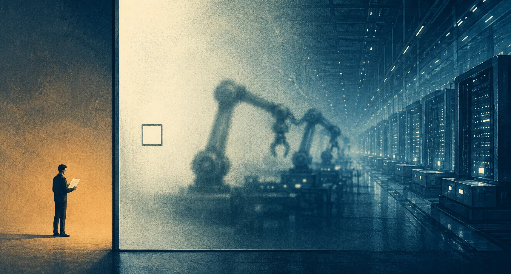 A person holding a sheet of paper stands in warm amber light before a vast frosted-glass wall etched with a single empty checkbox; behind the glass, blurred rows of robotic arms and server racks recede in cold blue light.