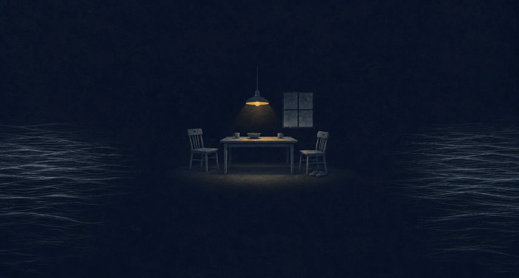 A small kitchen table with two chairs hangs in a vast dark emptiness, lit by a single warm lamp; a window and a tiny pair of shoes sit nearby, while faint current lines at the edges suggest a fast sea pressing in without touching the little lit room.