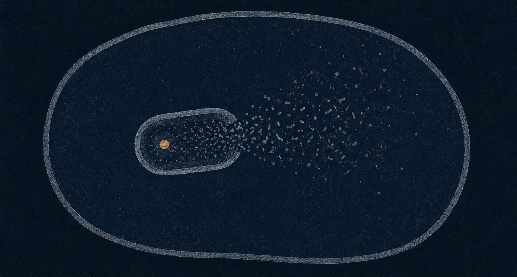 A vast rounded cell membrane fills the frame; inside it a smaller capsule-shaped organism keeps its own thin membrane and one warm amber core, while a slow trail of tiny fragments drifts out of it into the host, dissolving as they travel.