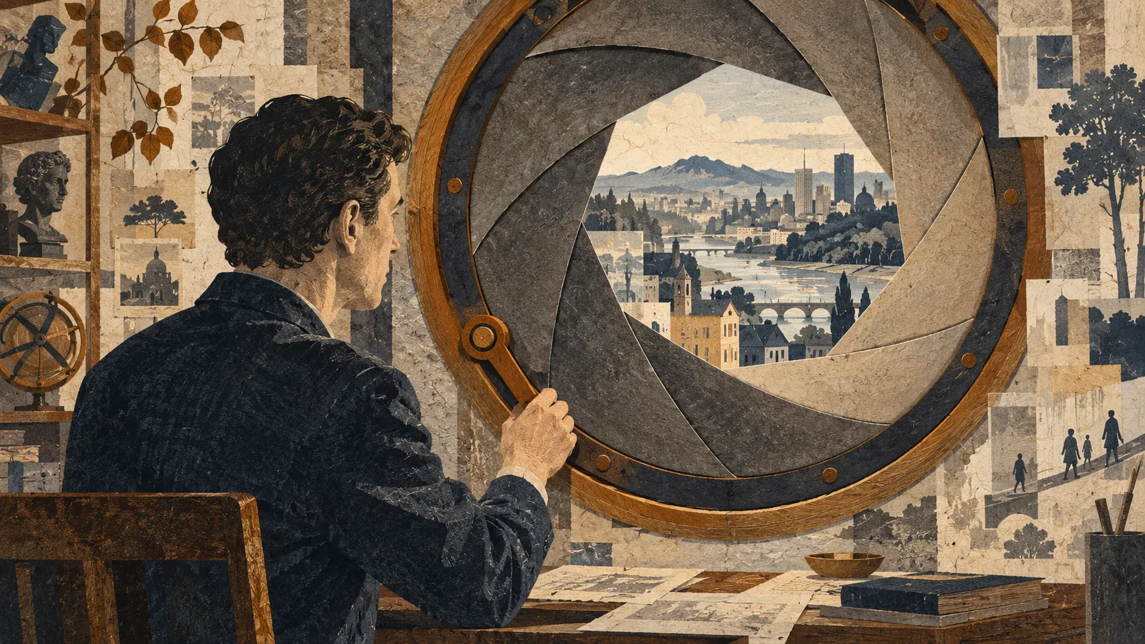 A person adjusts an amber lever controlling a circular iris window onto a layered city landscape.
