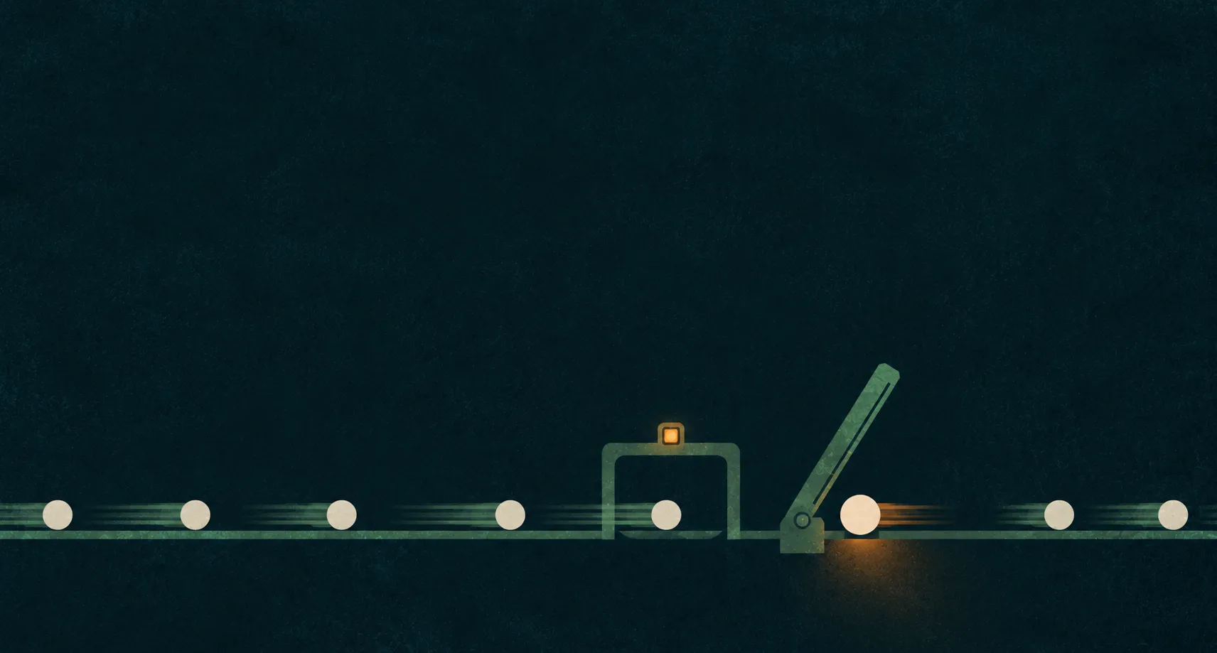 Minimal editorial illustration, risograph texture, wide composition on a deep petrol blue-black field. A single flat horizontal conduit runs left to right across the lower third; small round parcels of pale light travel along it, most streaming smoothly past an open checkpoint on a clean muted-green flow, uninspected. One larger, heavier parcel is halted at a raised gate that lifts like a bank-vault door, held under a single amber signal, selective rather than blanket. Vast quiet negative space above, flat mid-century graphic shapes, heavy paper grain, a picture of friction spent unevenly. Restrained harmony: deep petrol blue-black ground, muted flow-green, one amber signal — nothing else. No text, no letters, no typography. Wide format (1200×644, ~1.91:1). On a deep petrol-dark field, small round parcels of pale light travel along a single horizontal rail; most stream through an open green checkpoint while one is held at a raised amber gate lifted like a vault door.