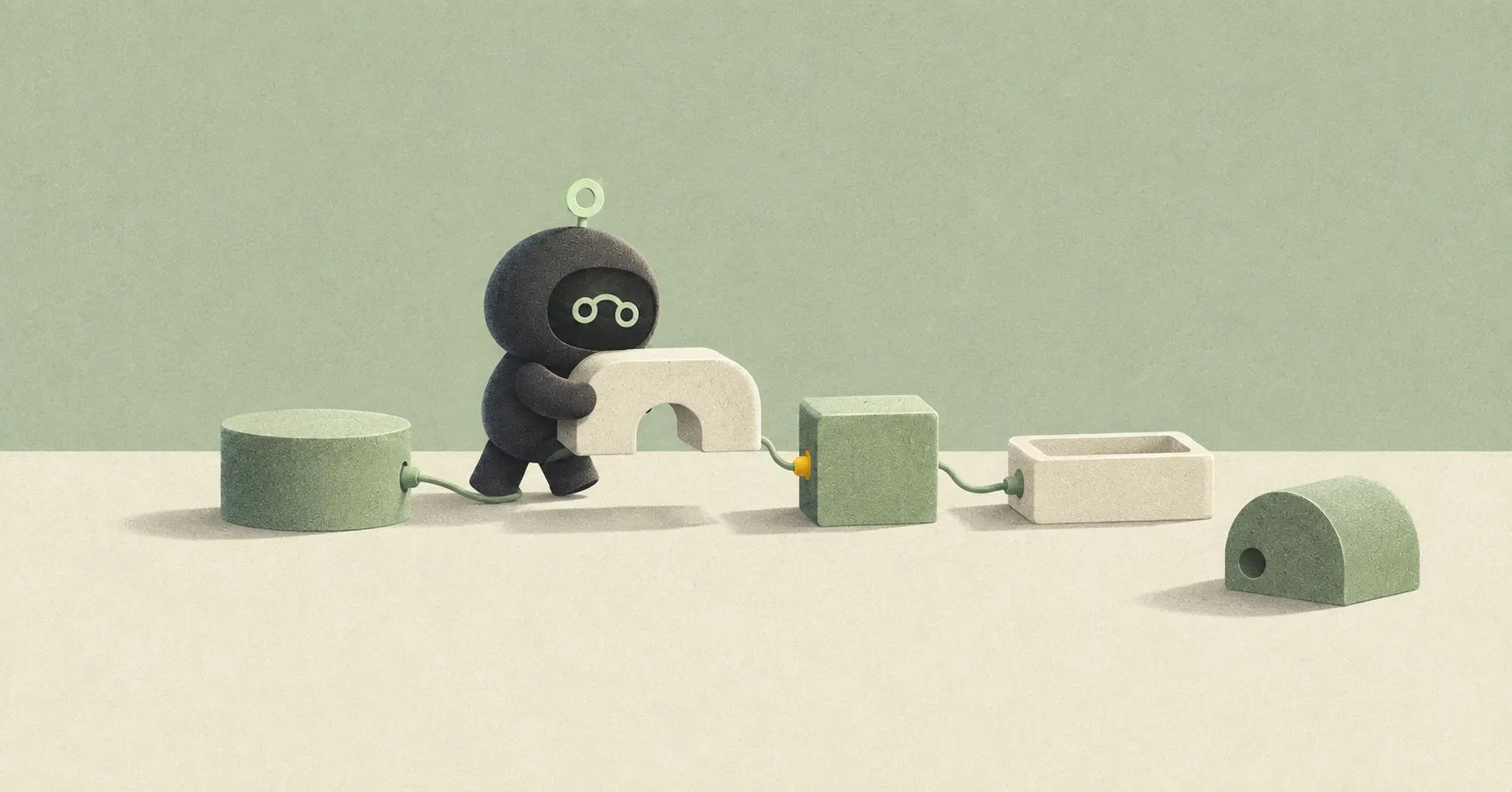 Use case: illustration-story. Create a new finished editorial illustration for The Reducing Valve essay about Hauddy and modular agent software, wide landscape approximately 1.91:1. Reference image 1 gives the exact character identity and tactile grain of this series, not its dark background or scene. Keep the small rounded charcoal Hauddy mascot, loop antenna, sage linked-circle face, rounded limbs. DAYLIGHT scene on a pale desaturated sage-green ground with warm ivory shapes, soft charcoal cast shadows, one small amber connector point. An airy quiet workbench holds a short horizontal assembly of four distinct simple architectural modules: a rounded cylinder, a low rectangular arch, a square block, and a shallow tray. They are loosely joined with a single thin visible connection cord. One middle module has been gently lifted just above its place, held by the little mascot, while the other modules and their cord connections remain clearly visible. An alternate middle module with a different rounded shape rests nearby, suggesting replacing one part without discarding the whole system. All modules should read as elegant abstract physical metaphors, not actual electronics or interfaces. Keep arrangement spare and deliberate, recognizable at small size, ample empty space around the composition, eye-level slightly elevated view. Flat cut-paper forms with restrained depth, soft natural daylight, risograph screenprint grain, sophisticated editorial art matching the other Hauddy pieces. Avoid busy exploded diagrams, arrows, pseudo-technical detail, glossy product renders, extra characters, plants, decorations. No words, letters, numbers, logos other than the mascot's face motif, no watermark. One image only. The charcoal Hauddy mascot lifts one interchangeable module from a connected assembly on a pale sage and ivory workbench.